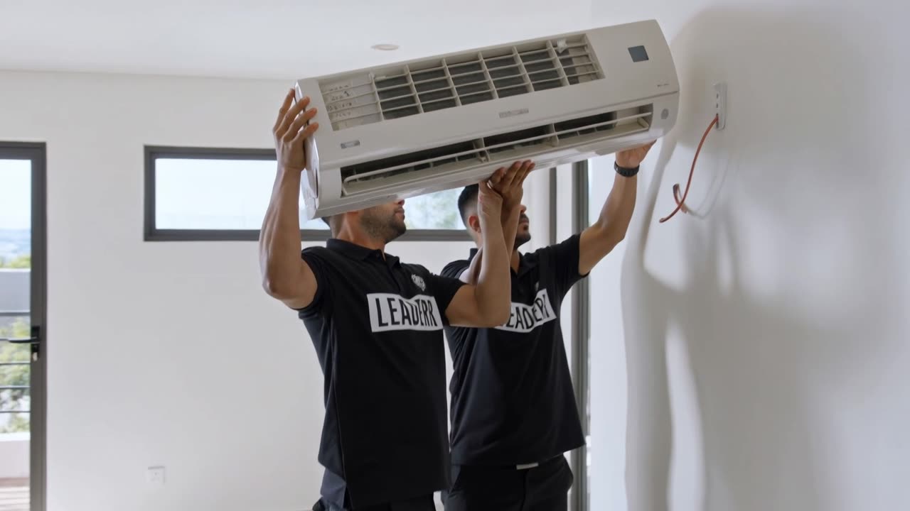 Aircon Installers Durban - two installers lifting a split unit indoor head into position